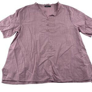 Izuria XL Mauve Cotton & Linen Blouse With Ruffle Collar Short Sleeves
